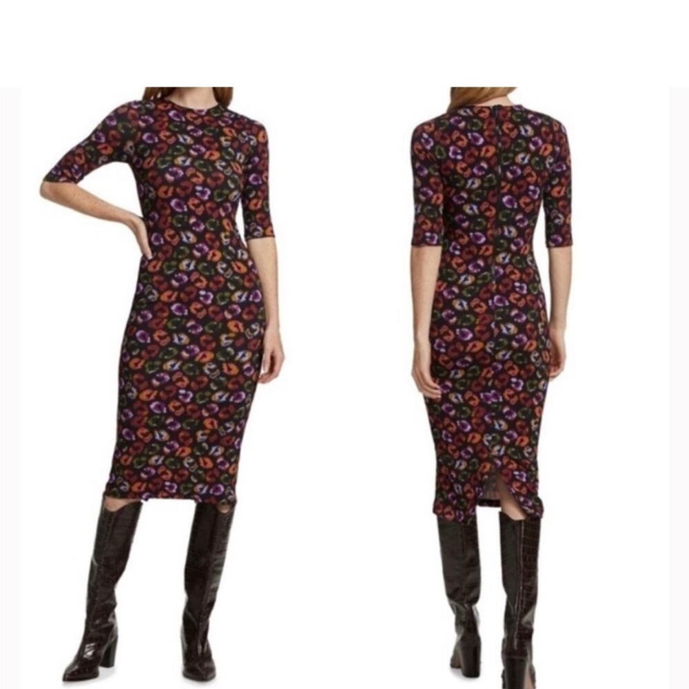 Farm Rio Black Ikat Dyed Jersey Midi Women's Dress colorful leopard print